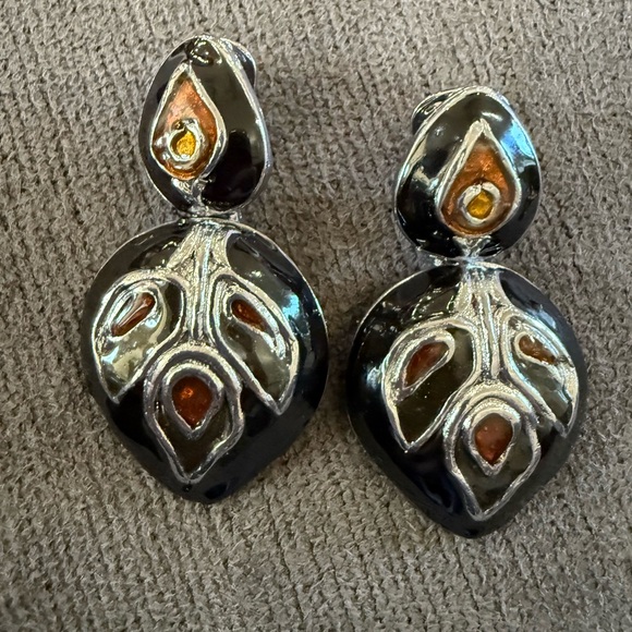 Accessories - Don Lin Vintage Enamel Dangle Earrings Clip Ons Art Nouveau-inspired Black
